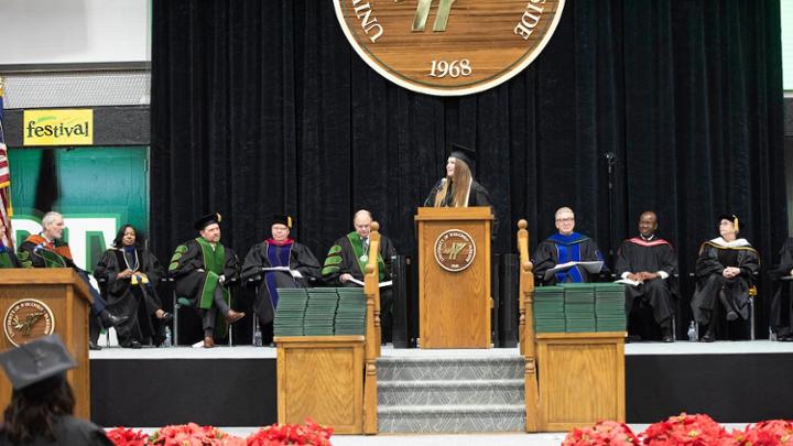 Chancellor's award recipient Phoebe Hillery speaks at commencement