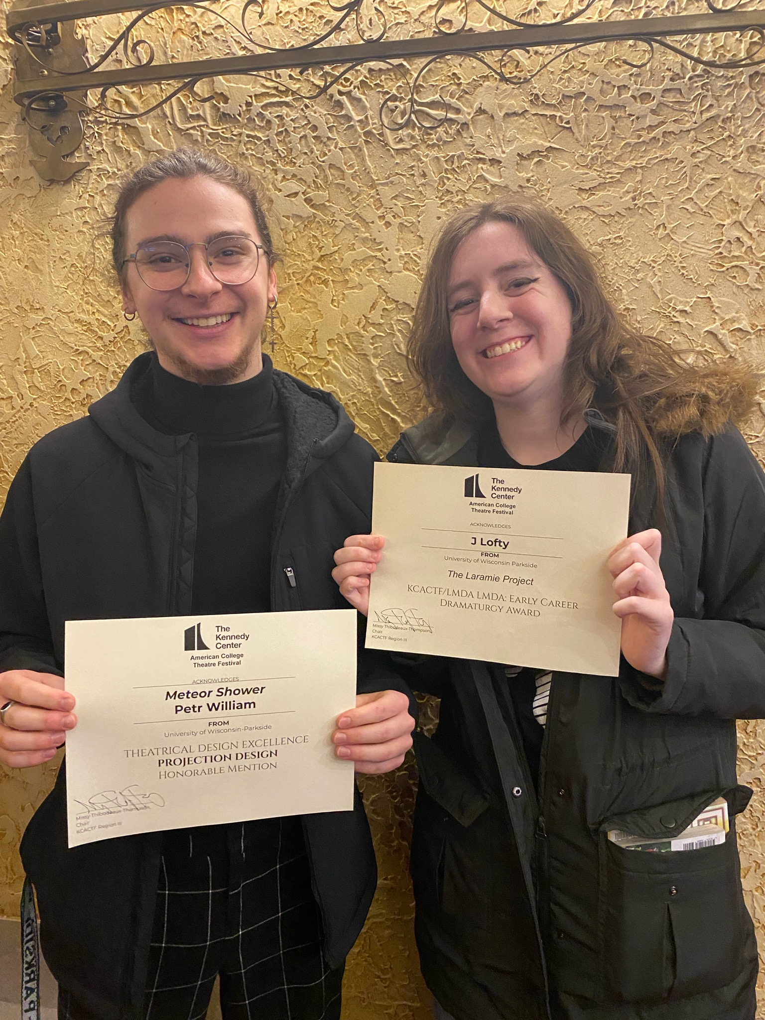 Theatre Arts students Petr William and J Lofty with their KCACTF Awards. Photo by Janet Jurado 