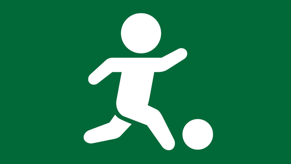 green button with white youth icon playing soccer
