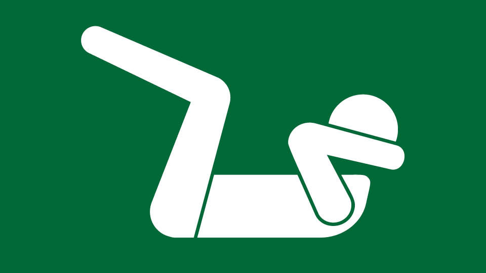 white icon on green background, person doing crunches