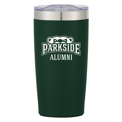 dark green tumbler with a silver lid, 