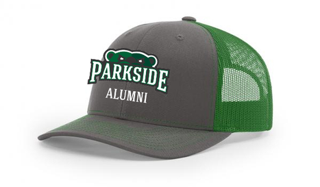 Trucker hat with grey front, alumni logo and green mesh back