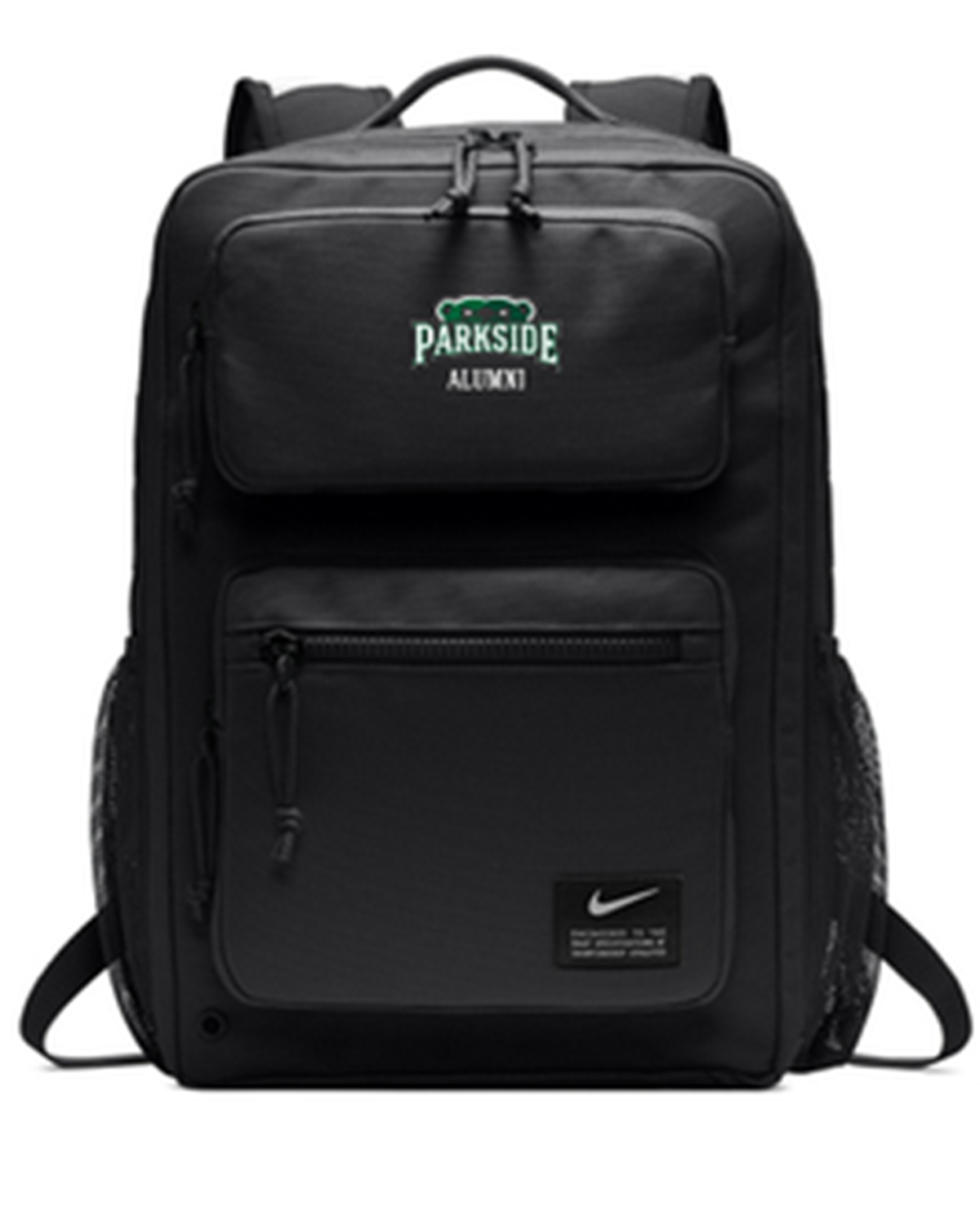 black Nike backpack with the alumni logo