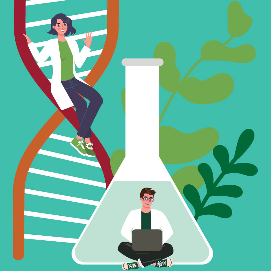 Vector image of woman on dna strand and man on computer in front of flask