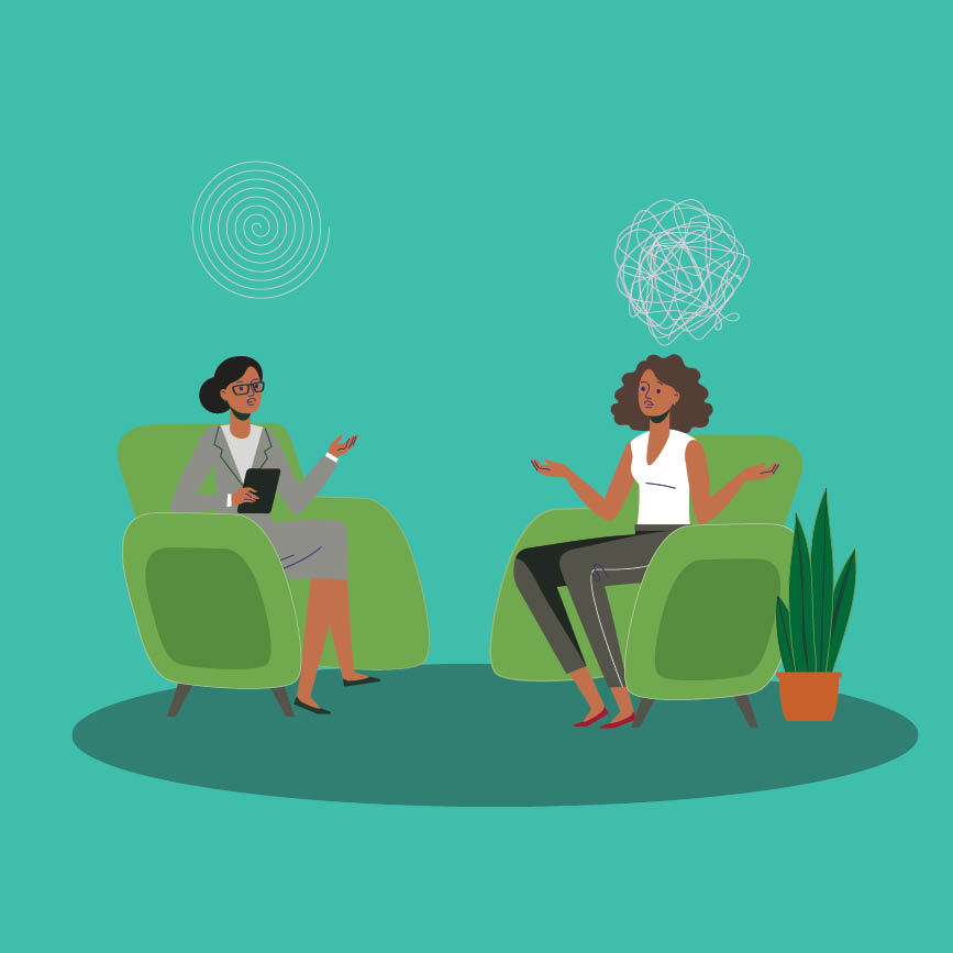 image of two woman talking one with mixed up thoughts and one with organized thoughts