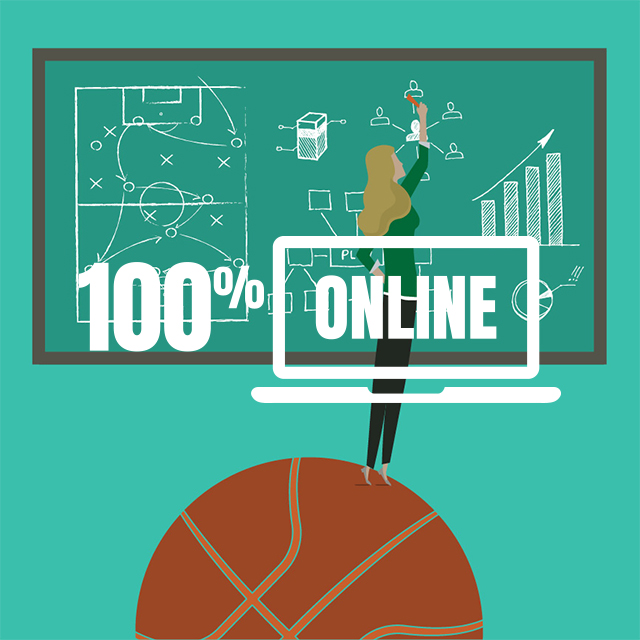 vector image of woman on basketball writing on chalkboard, and 100% online