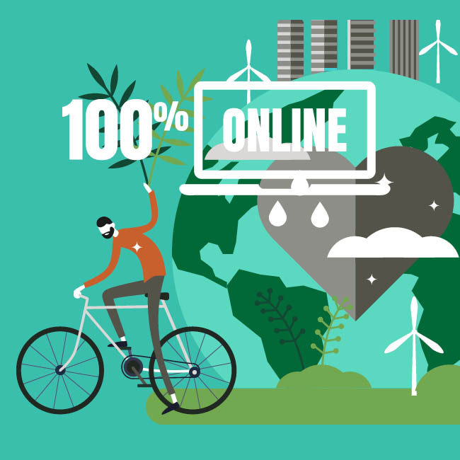 Image of guy riding bike with sustainable symbols all around