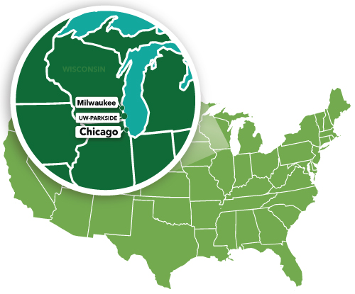 Map showing the location of Kenosha in relation to Chicago, Milwaukee, and the entire United States of America
