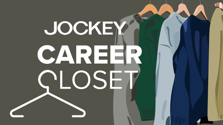 Jockey career closet text with hanging clothes illustration