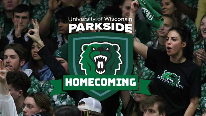 Homecoming logo with student crowd cheering