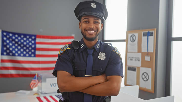 Smiling african american police officer in front of american flag