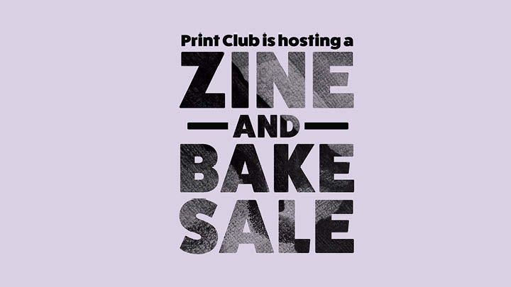 decorative violet image listing zine and bake sale in title