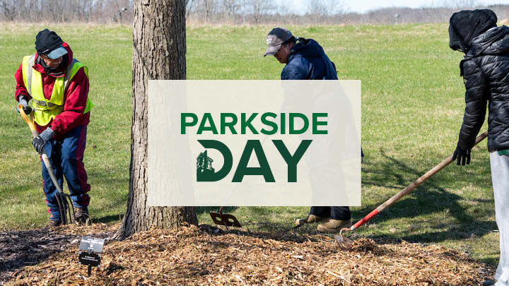 Parkside Day Logo in the background people managing plants