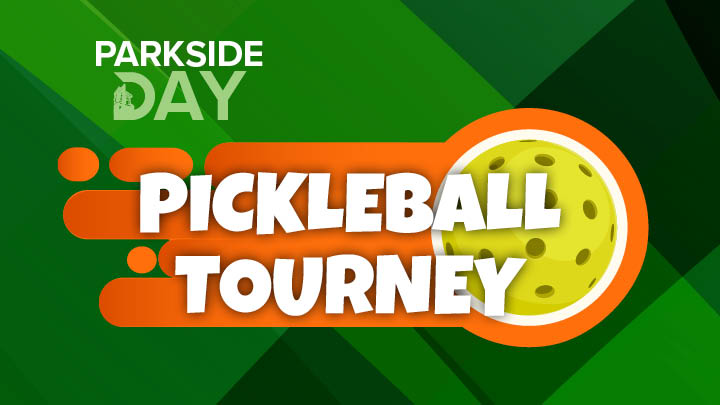 image of parkside day brand with pickleball illustration in orange and yellow