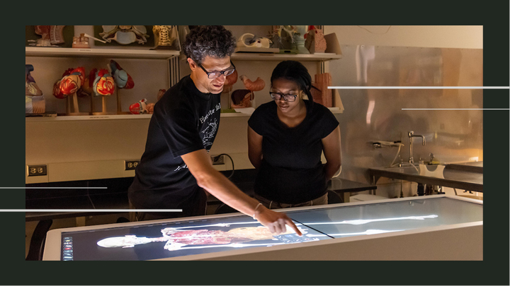 Image of a male professor and a woman student looking at a anatomical figure in a digital lifesize view