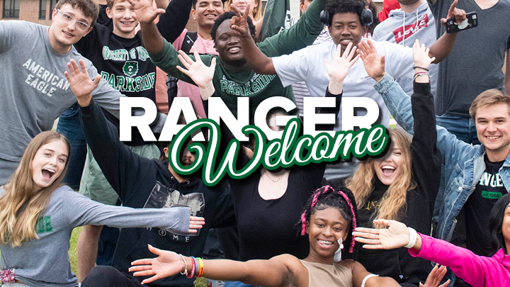Ranger Welcome logo with image of very happy students with outstretched arms
