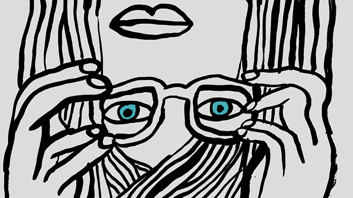 image of a print of woman illustration in black on white, with glasses and blue eyes