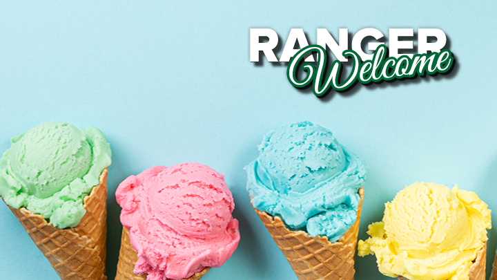 image of multi colored ice creams scoops in brown cones, with a light blue background and ranger welcome logo