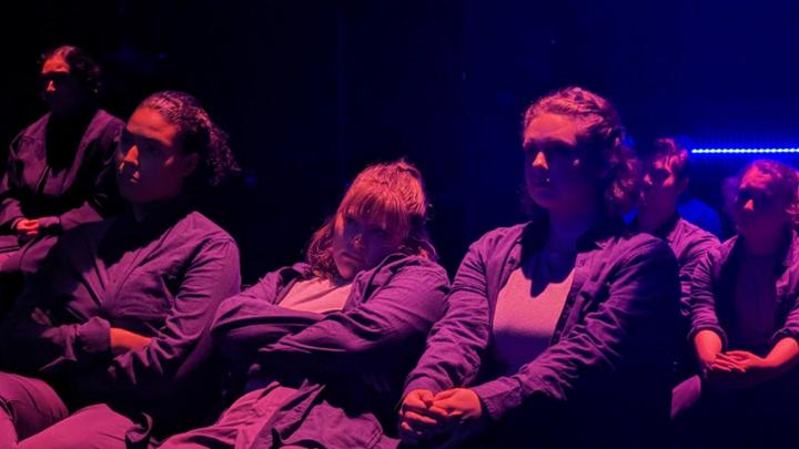 Pictured (from left to right): Janet Jurado, Yasmeen Harris, Maggie Jay, Kalyn Diercks, Lucas Pitt, Hannah Allie in UW-Parkside's production of The Laramie Project