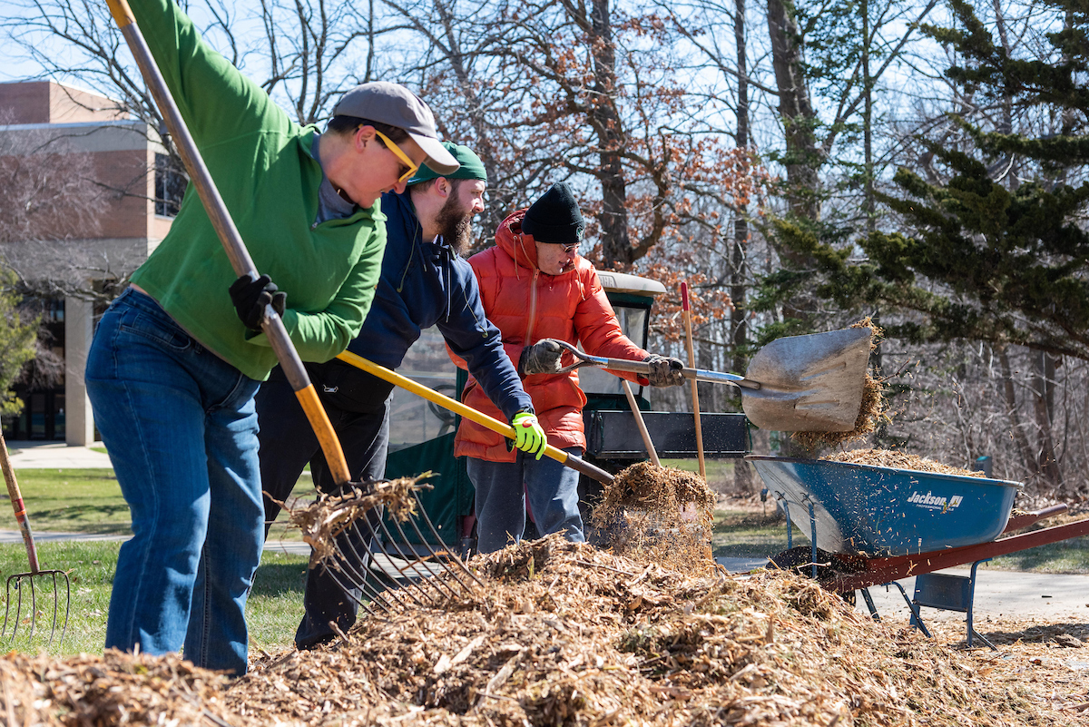 Four people work together to shovel mulch into a blue wheelbarrow on a sunny day.