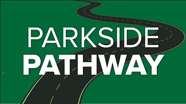 green background, road way/path Parkside Pathway