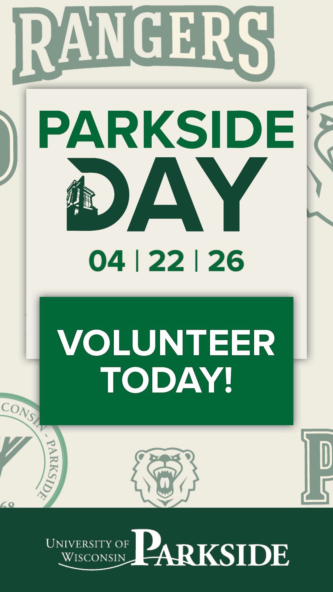 features the event logo over a patterned university background, but with a green call-to-action button that reads "VOLUNTEER TODAY!"