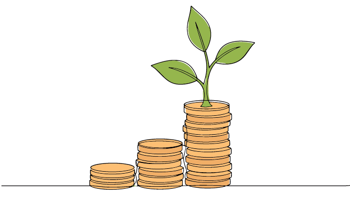 illustration of stacked coins that get taller with a plant growing out of the tallest