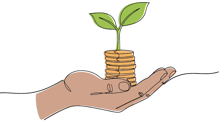 image of a hand holding a stack of coins with a plant growing out of top