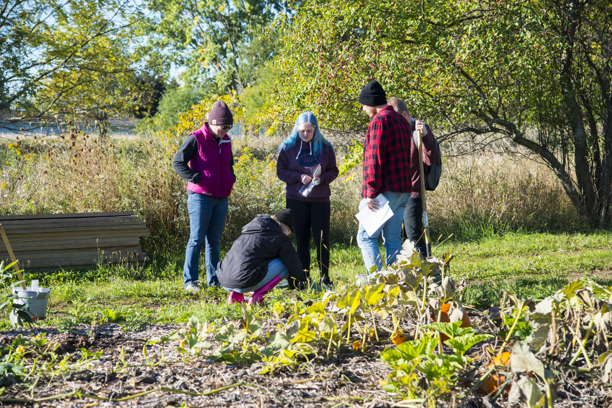 Enviromental Studies class does soil sampling in the community garden.