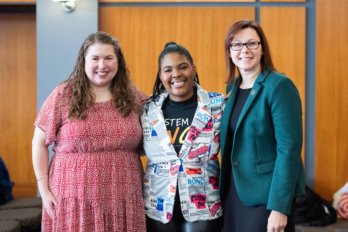 Jessica Safransky Schacht of United Way of Racine County, Keynote speaker Temple Lester, and Chancellor Lynn Akey