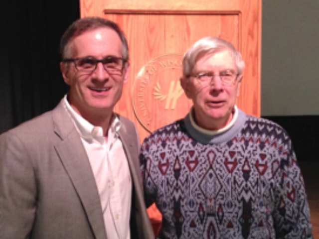 ALL member Terrence Constant visiting with guest Rick Schlesinger, Chief Operating Officer, Milwaukee Brewers, after an ALL lecture titled “Challenges and Opportunities of Operating a Major League baseball team.