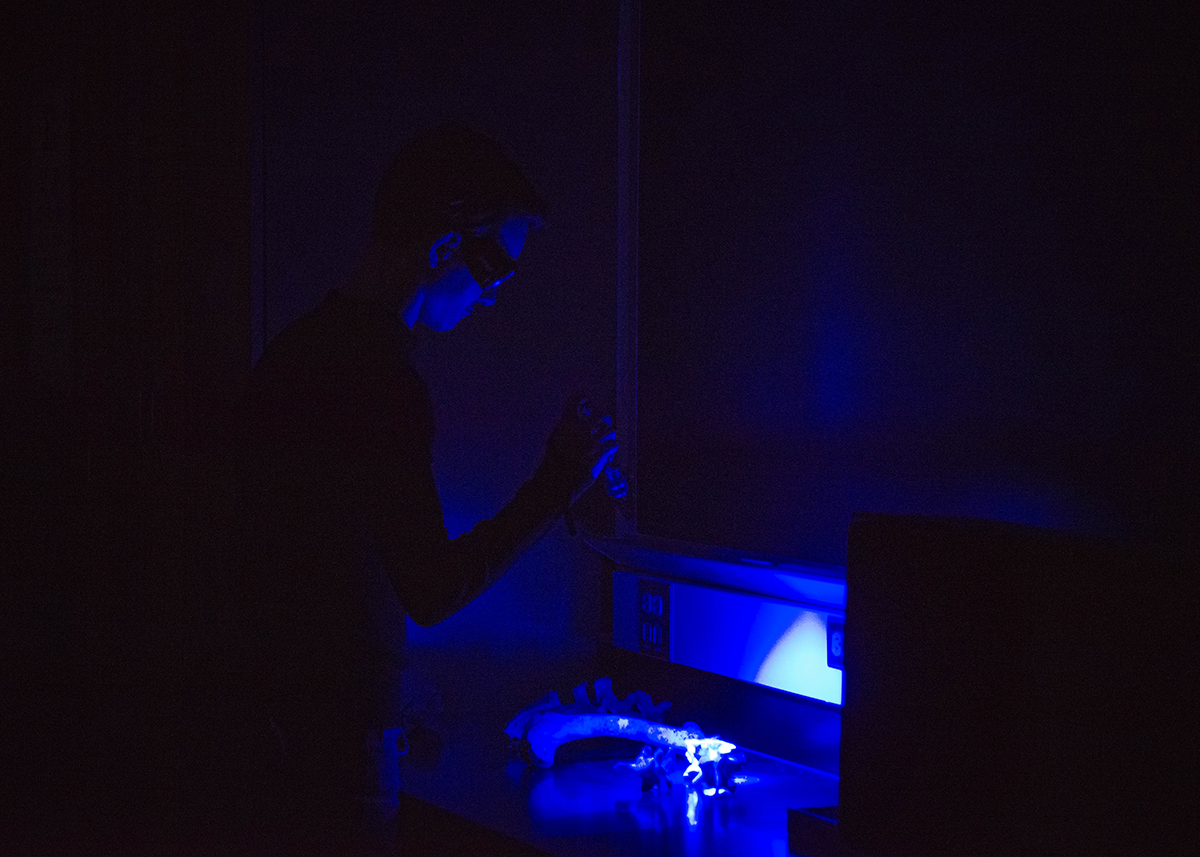Examining bones with alternative light source