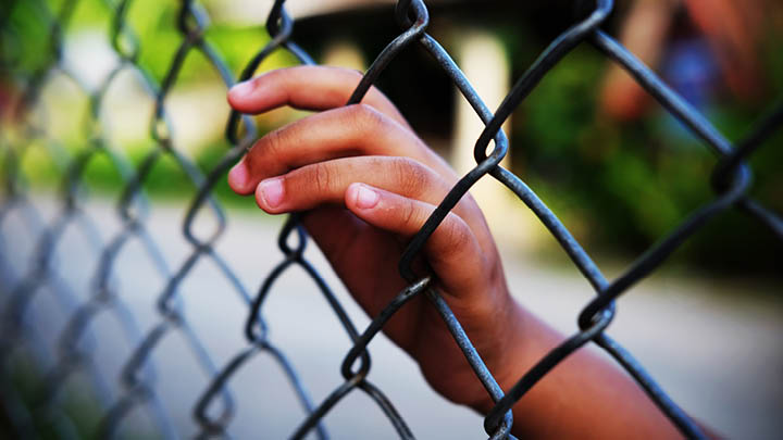Image of a young hand resting on a chain link fence