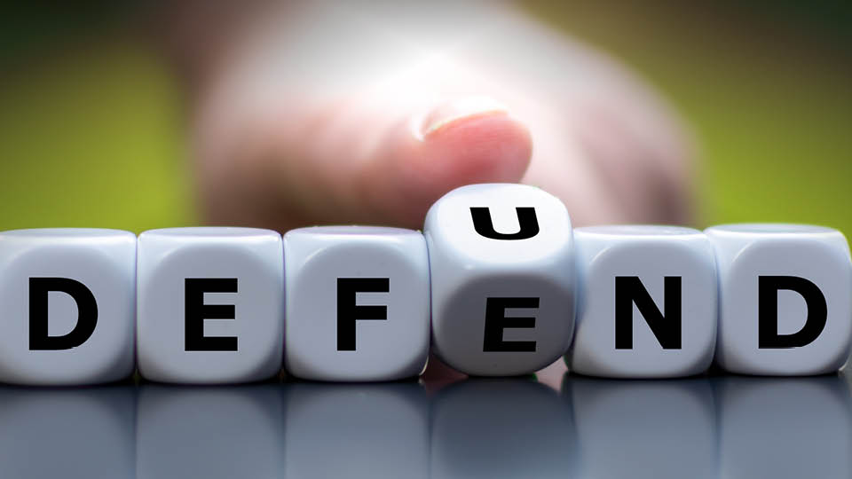 Image of dice with words defund/defend