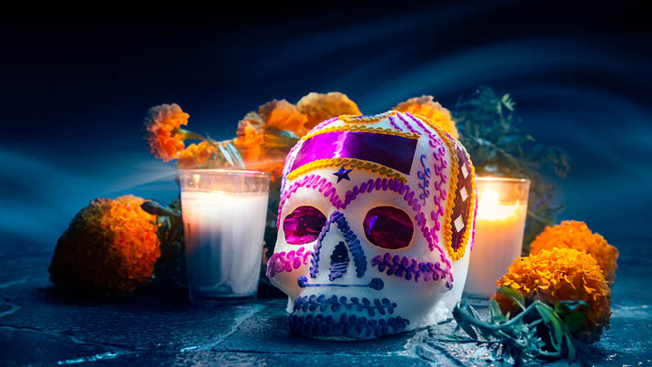 image of decorative skull and marigold flowers