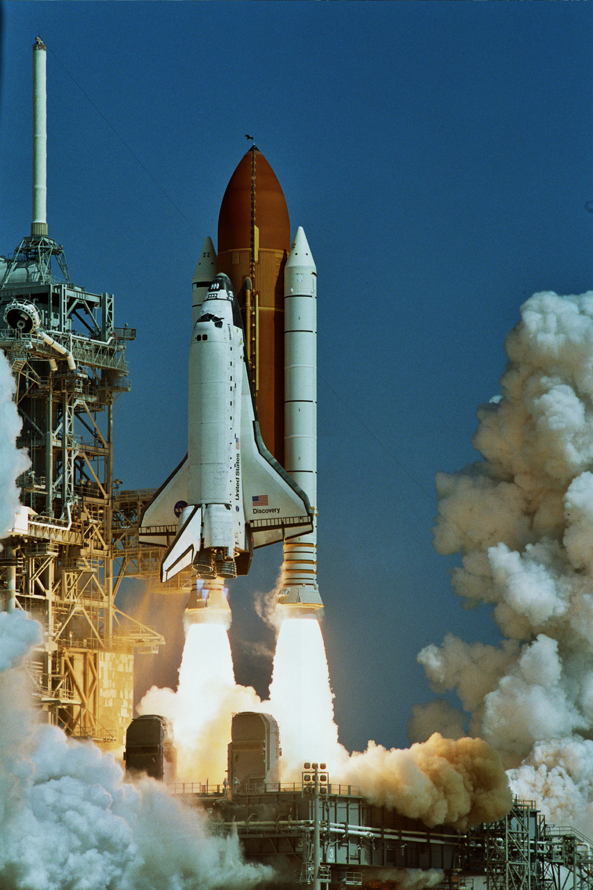 Initial launch of the Discovery Space Shuttle on August 30, 1984 at the Kennedy Space Center 