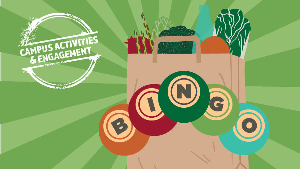 icons of grocery bag and bingo word on balls