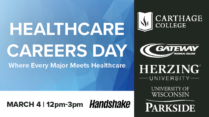 Graphic that promotes healthcare careers day and how it takes place on March 4 between 12pm and 3pm 
