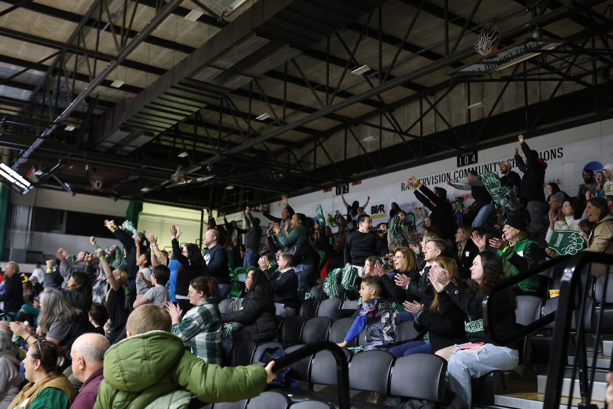 People cheering in the De Simone arena for the basketball game