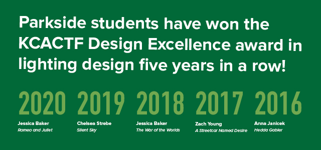 Parkside students have won the KCACTF Design Excellence award in lighting design five years in a row! Parkside students have won the KCACTF Design Excellence award in lighting design five years in a row!