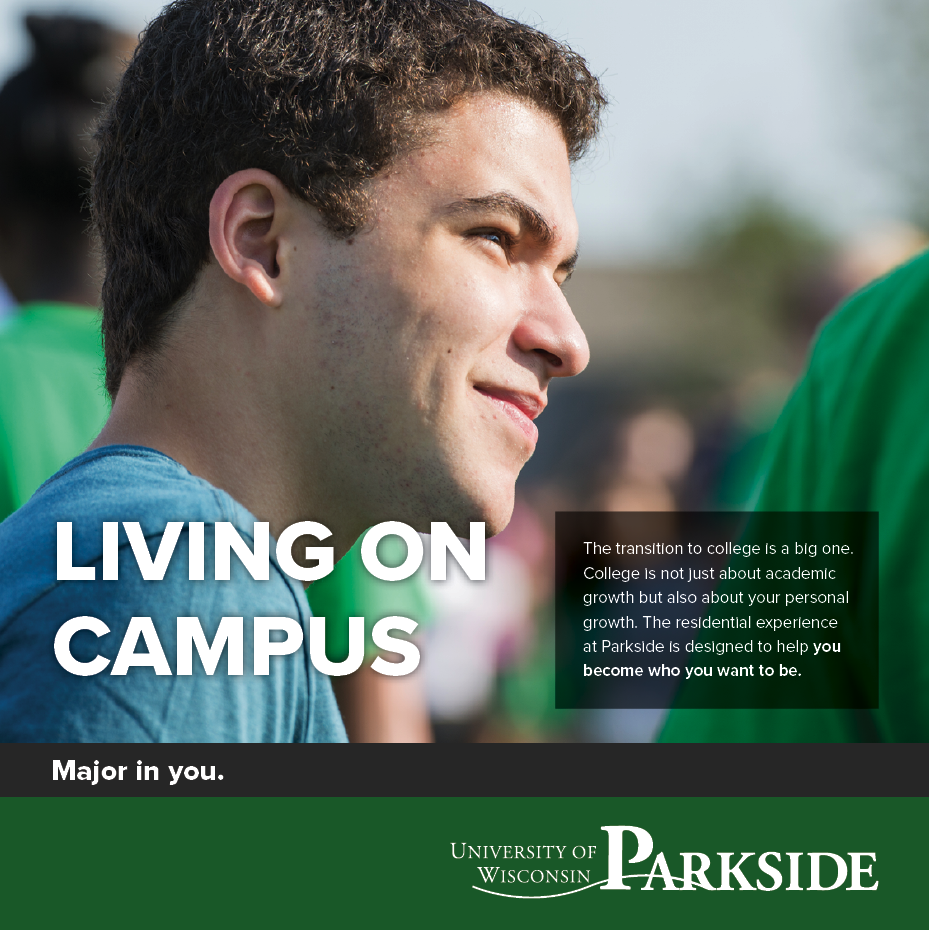 Living on campus cover image with young man outside