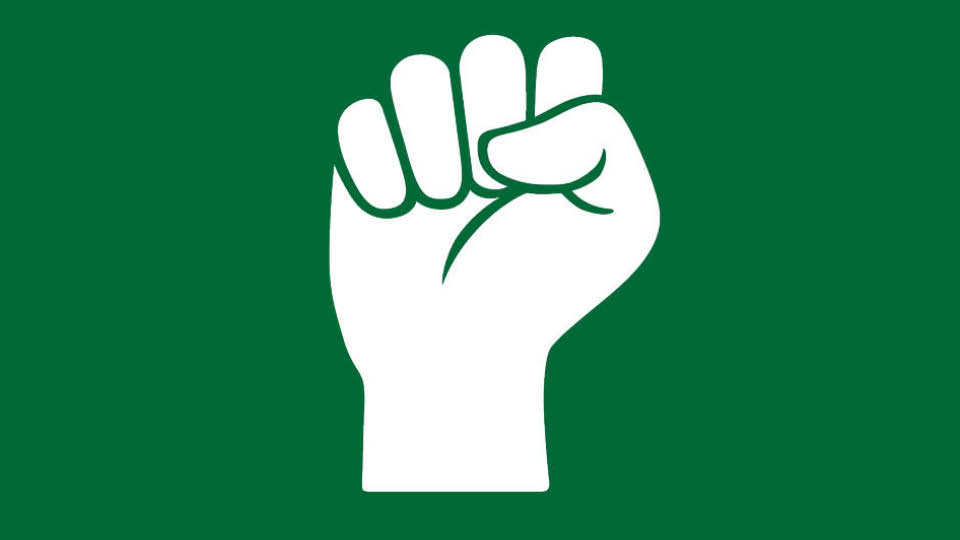 image of a clinched hand white icon on green