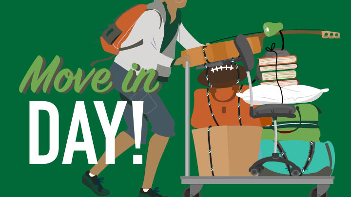 illustration of student pushing a cart full of belongings