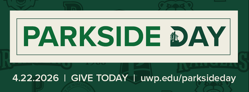 Centered logo on a cream background with a dark green border. Bottom text includes the date 4.22.2026, the call to action "GIVE TODAY," and the website uwp.edu/parksideday.