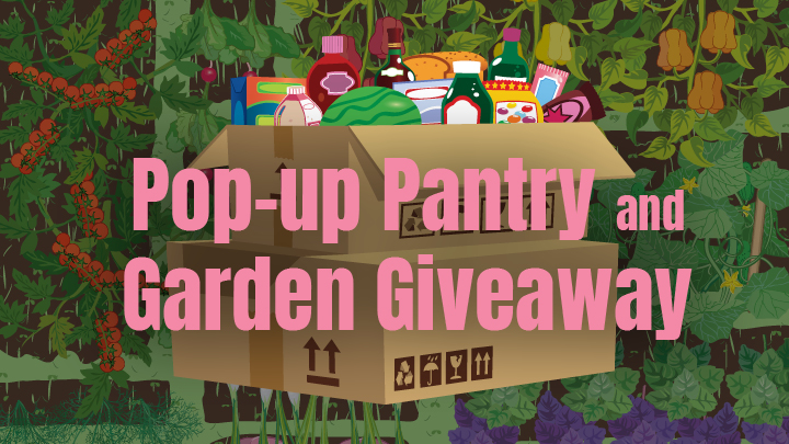 garden background with box filled with pantry items and veggies