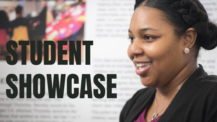 Student at the showcase with her research poster in the background