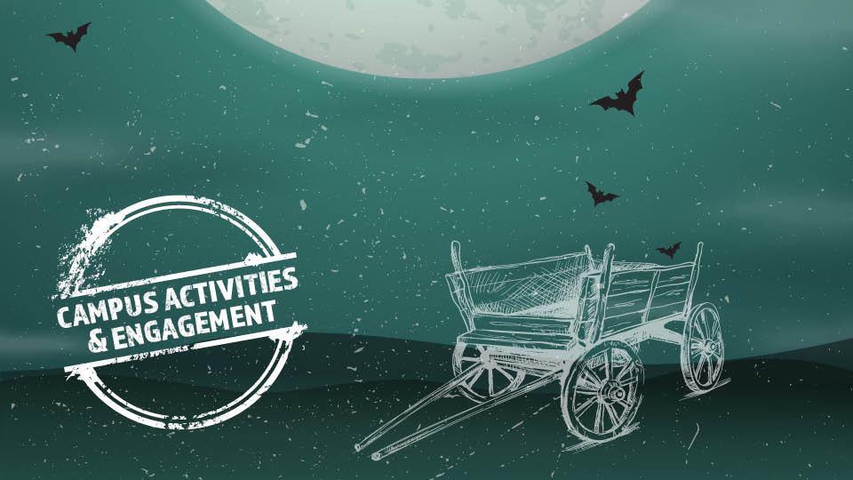image of a moody moon, bats, evening and a white drawn cart
