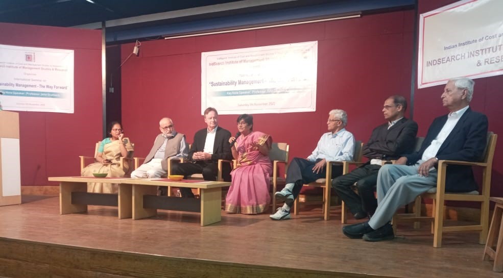 Dr. John Skalbeck, third from left, participates in a sustainability seminar panel at IndSearch Institute in Pune, India.