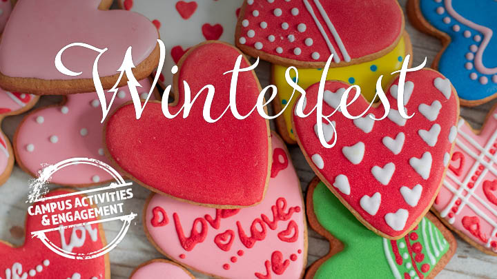 Winterfest word with heart shaped cookies in background