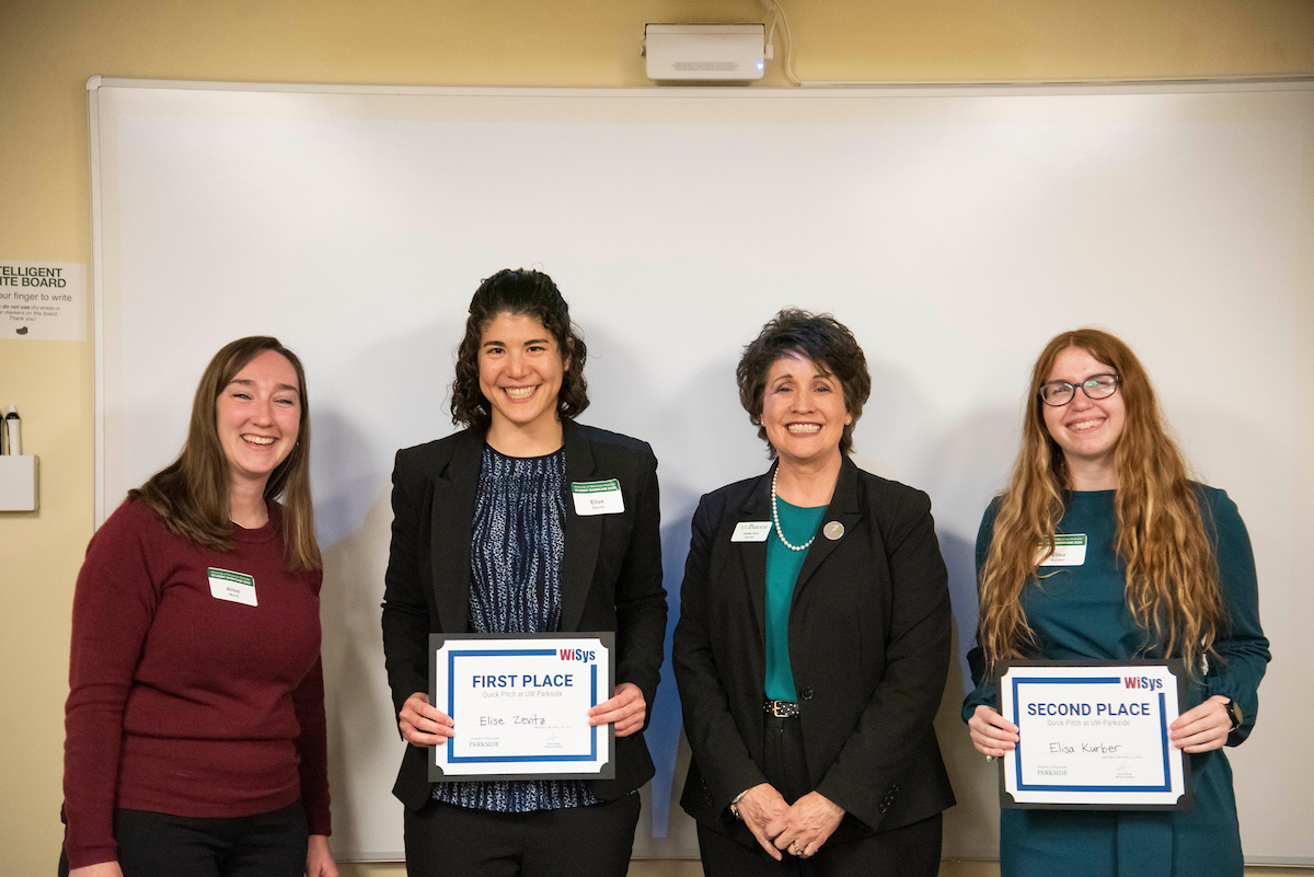 Chancellor Dr. Debbie Ford, center-right, and WiSys Regional Intellectual Property and Licensing Associate Allee Marti, left, congratulate UW-Parkside students Elise Zevitz, center-left, and Elisa Kurber, right, for their successful participat